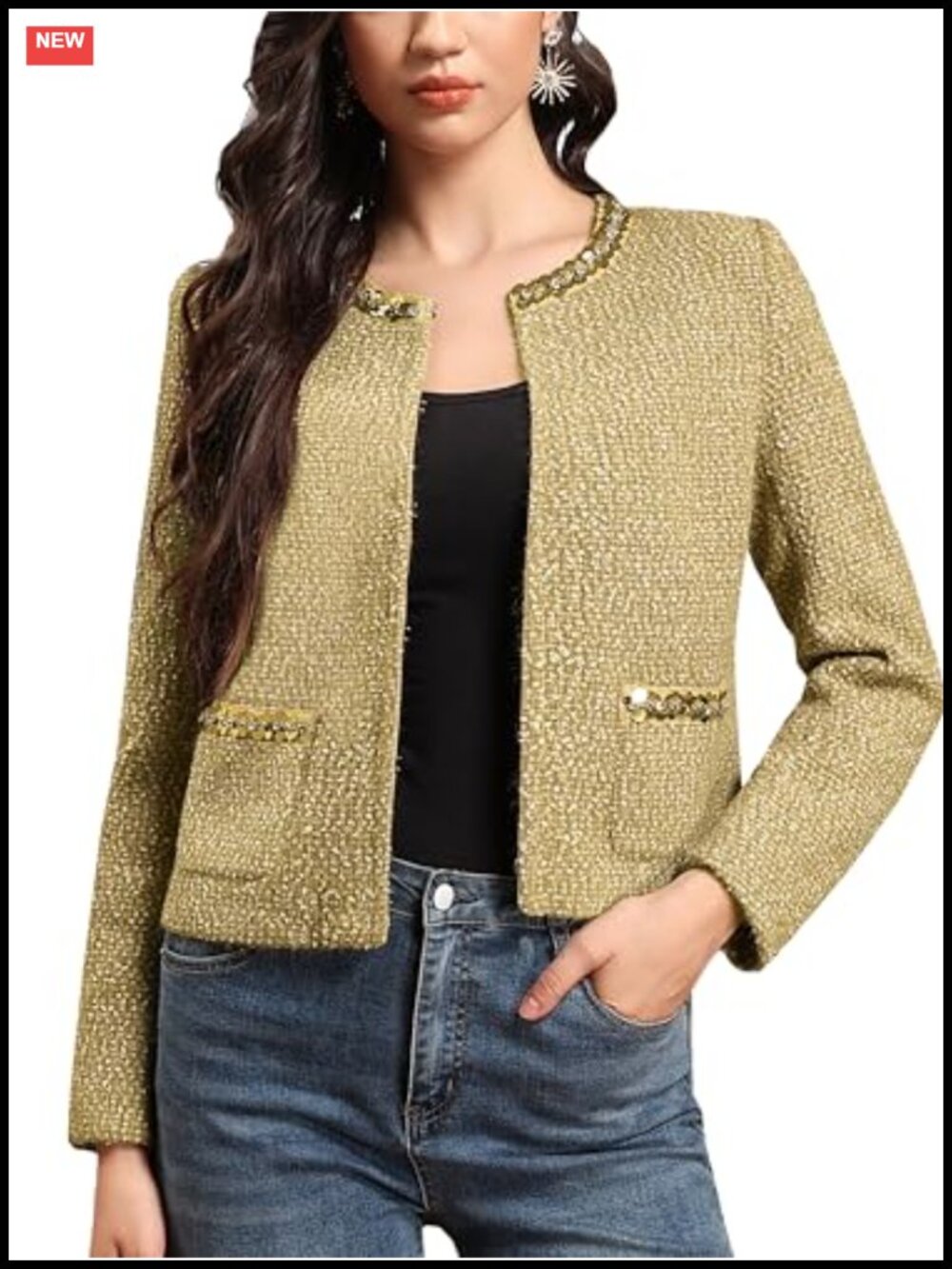 Wool Blend Tweed Cropped Blazer Sequin Trim Hook Closure Party Jacket